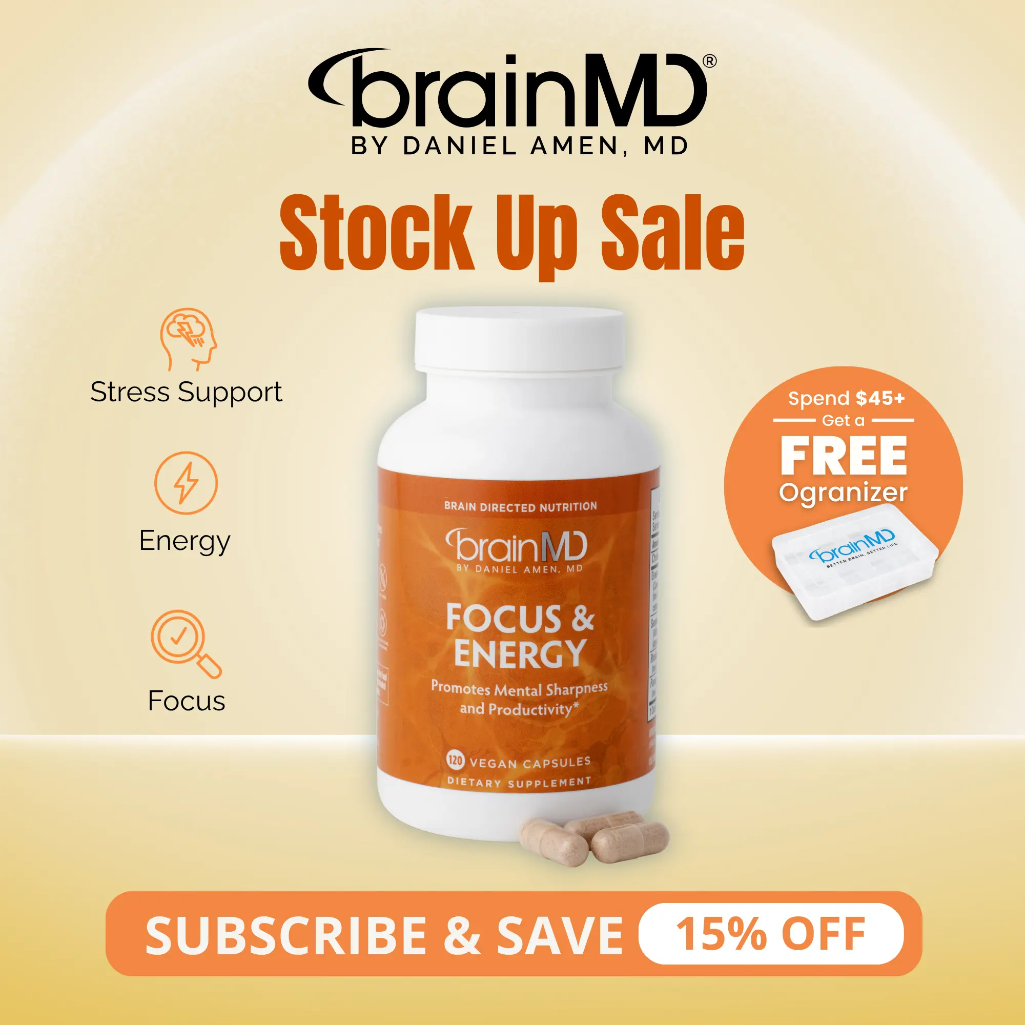 Focus & Energy | BrainMD | 120 Capsules | Focus & Mental Energy Support | Stress Resilience & Alertness Support | Sensoril Ashwagandha, Rhodiola & Ginseng