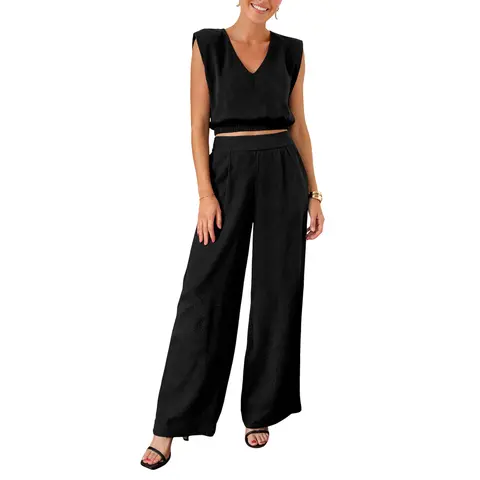 Fisoew Women's 2-Piece Solid Color Linen Cotton Casual Outfits Set - 100% Cotton Fabric, Breathable Sleeveless V-Neck Tank Top, Wide Leg Loose Fit Pants, Multi-Size for Summer Beach Vacation Loungewear