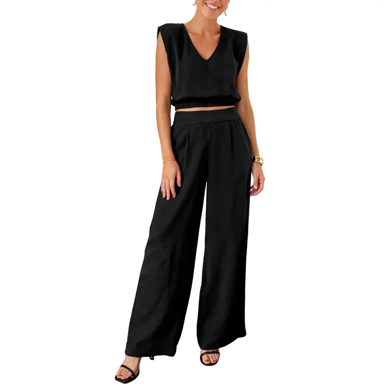 Fisoew Women's 2-Piece Solid Color Linen Cotton Casual Outfits Set - 100% Cotton Fabric, Breathable Sleeveless V-Neck Tank Top, Wide Leg Loose Fit Pants, Multi-Size for Summer Beach Vacation Loungewear