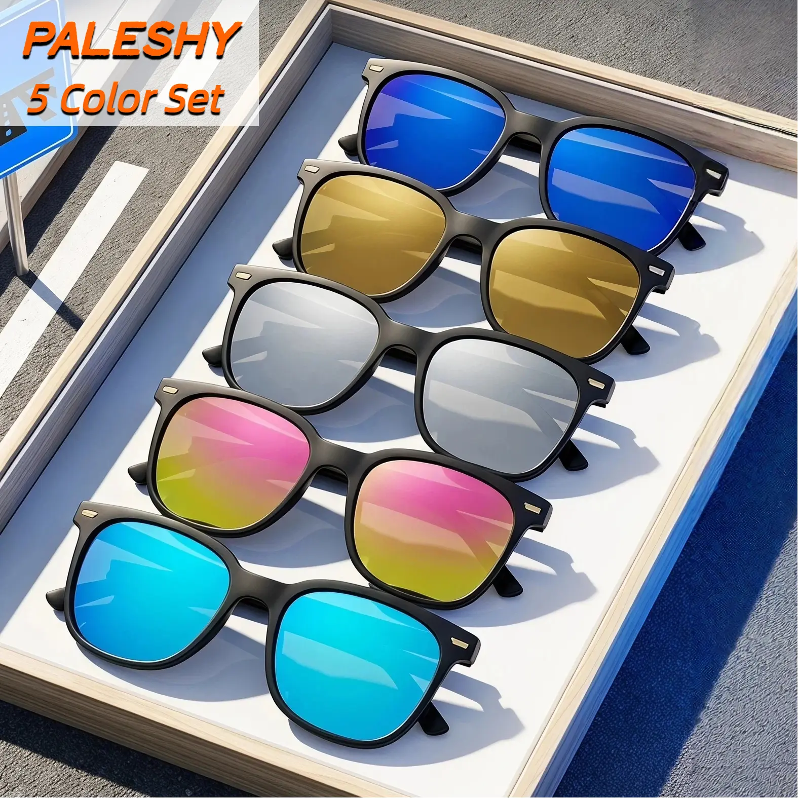 Male 5-Pack Polarized Full Rim Plastic Sunglasses, Matte Black Frame with Assorted Colors Lenses, UV400 Protection for Driving & Outdoor Wear, Polycarbonate