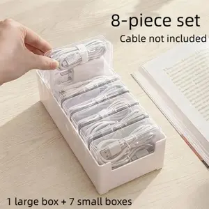 8-Piece Cable Management Box Set, Includes 7 Small Hinged Boxes & 1 Large Box, Efficient Desktop Charging, Durable PP Material, Office & Home Storage Organizer, Work Organizer, Desk Organizer Tidy, Cable Management Kit