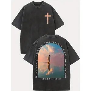 Cross & Isaiah Verse Design 230g Washed Cotton T-Shirt Retro Streetwear Double-Sided Print Pattern Men's T-Shirt Distressed Summer Wear Drop-Shoulder y2k,Vintage,Streetwear Christmas heavyweight pure cotton t-shirt