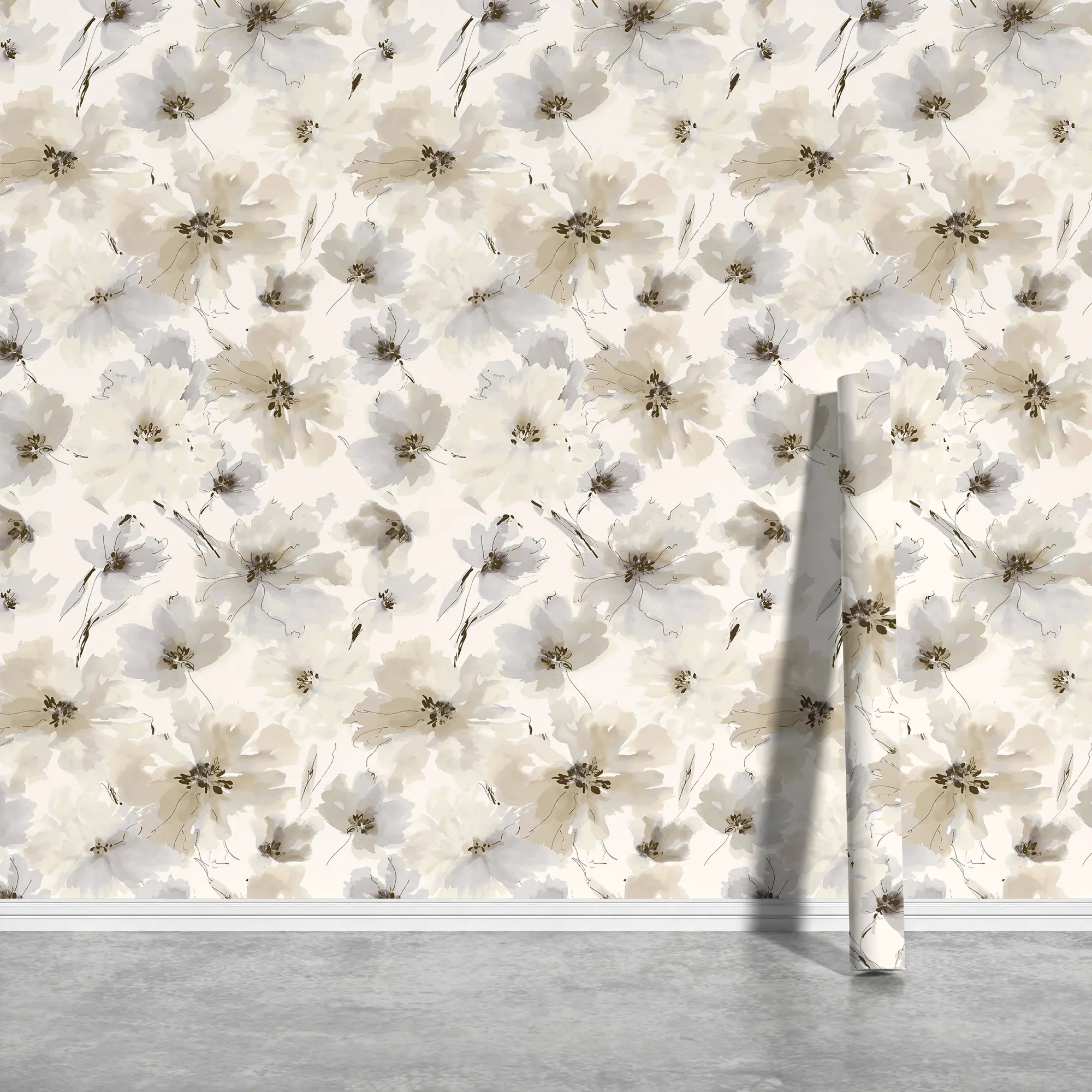 Soft Ink Wash Floral Peel and Stick Wallpaper, Removable Self Adhesive Neutral Flower Wall Paper for Bedroom Bathroom Dining Room Closet Cabinet Decor