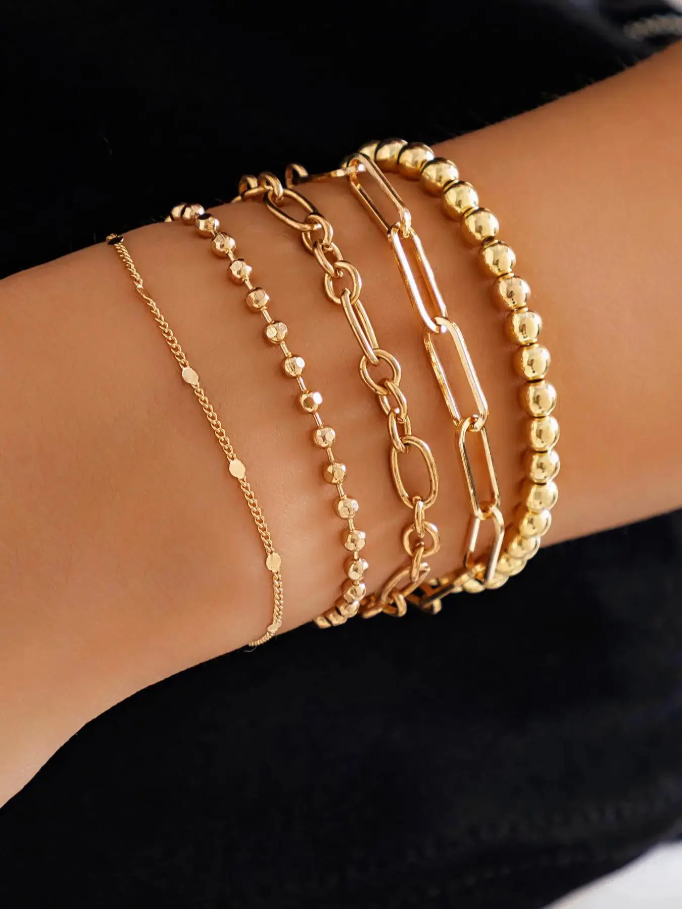 Simple Chain Bracelet & Beaded Bracelet, Metal Bracelet, Stacked Design Bracelets, Summer 2024 Bangles Set, Casual Stackable Matching Bracelet, All-match Jewelry, Streetwear Accessories As Friendship Bracelets, for Fall