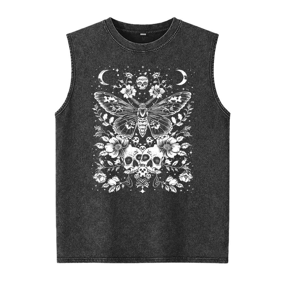 Women's Gothic Death's Head Moth Graphic Washed Vest - Smooth, Seamless, Solid, Casual Witchy Floral Skull Dark Romance