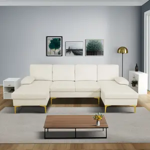 Modern Off-white Fluffy Fabric U-shaped 3-Piece Sectional Sofa Set Contemporary Comfortable Living Room Couch