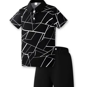 Ready Stock 7-15Y Kid Boys Clothes Geographical Printing Summer Turn-down Collar Shirt Elastic Shorts 2Pcs Outfits Set Black 462312461