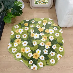 Fresh Daisy High Density Velvet Tufted Rug, Irregular Edge Living Room Mat, Bedroom Bedside Step Pad, Soft Elastic Skin-Friendly Easy Clean, Floral Shaped Rug