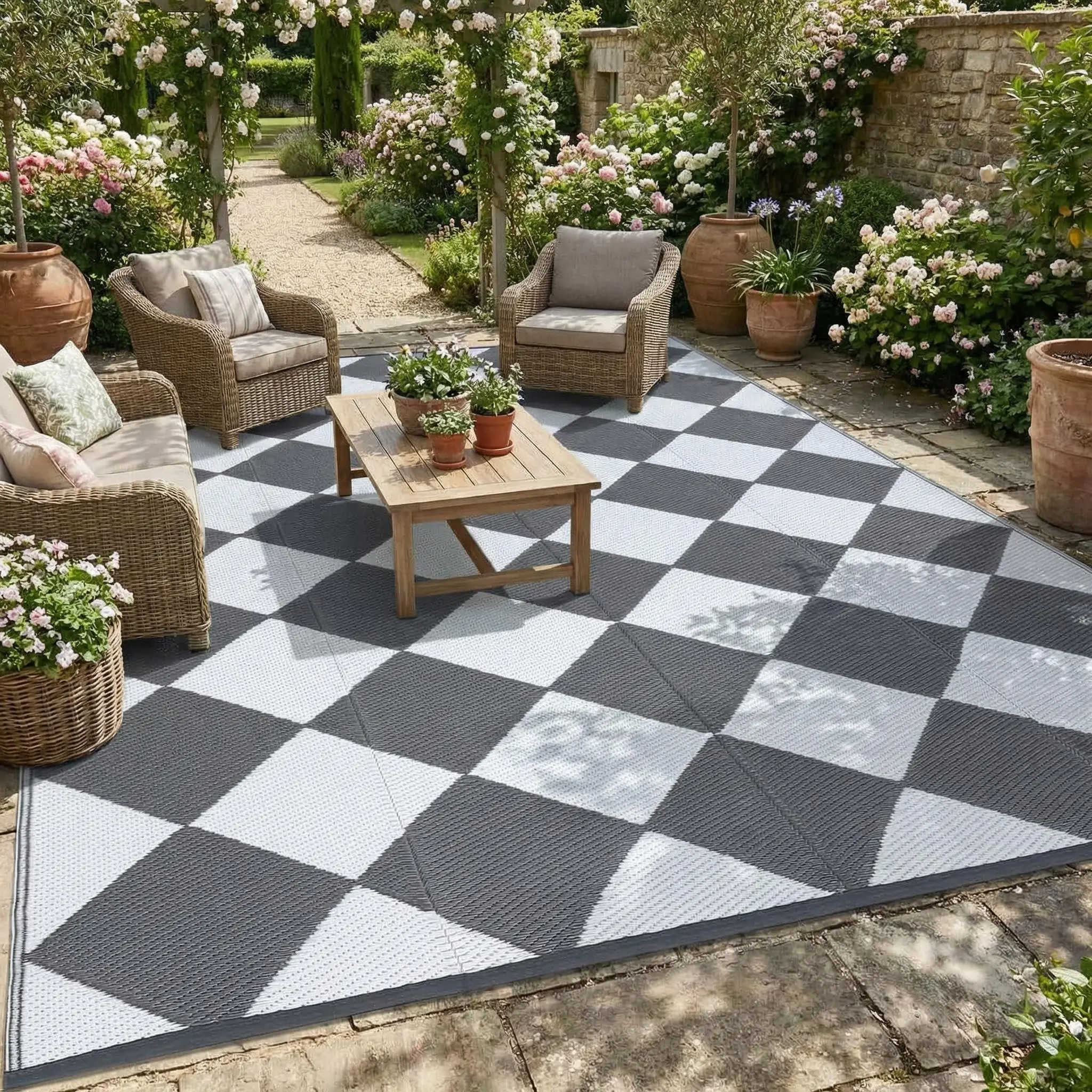 Outdoor Rug  Outdoor Patio Rug Reversible Plastic Straw Rugs Waterproof Foldable Mat Easy Clean Lightweight Carpet for Backyard Camping Porch RV Beach Balcony Deck Picnic Checkered Grey