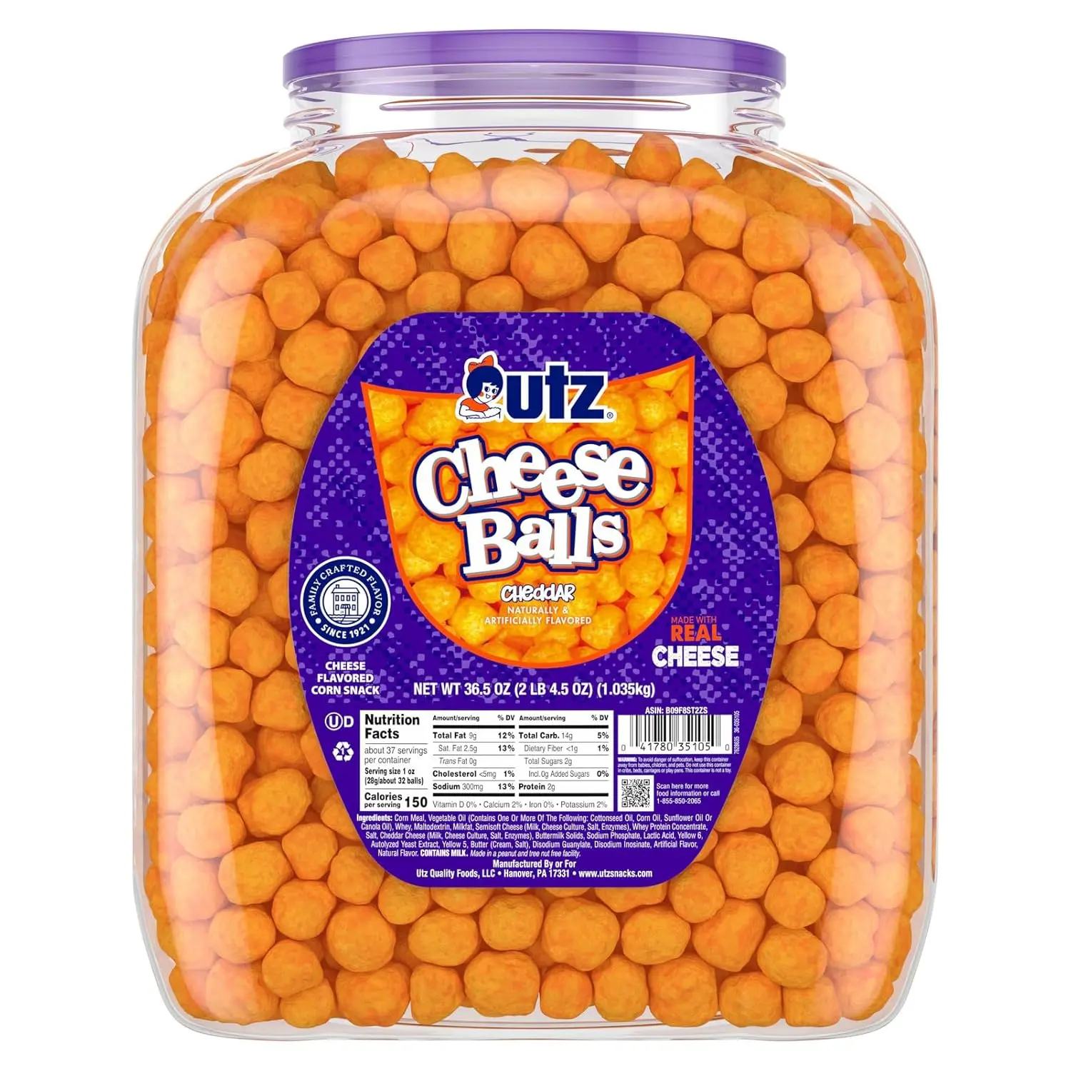 Cheese Balls Barrel 36.5 Oz – Crunchy Real Cheddar Cheese Snack, Gluten Free Kosher Party Puffs, Family Size Resealable Tub