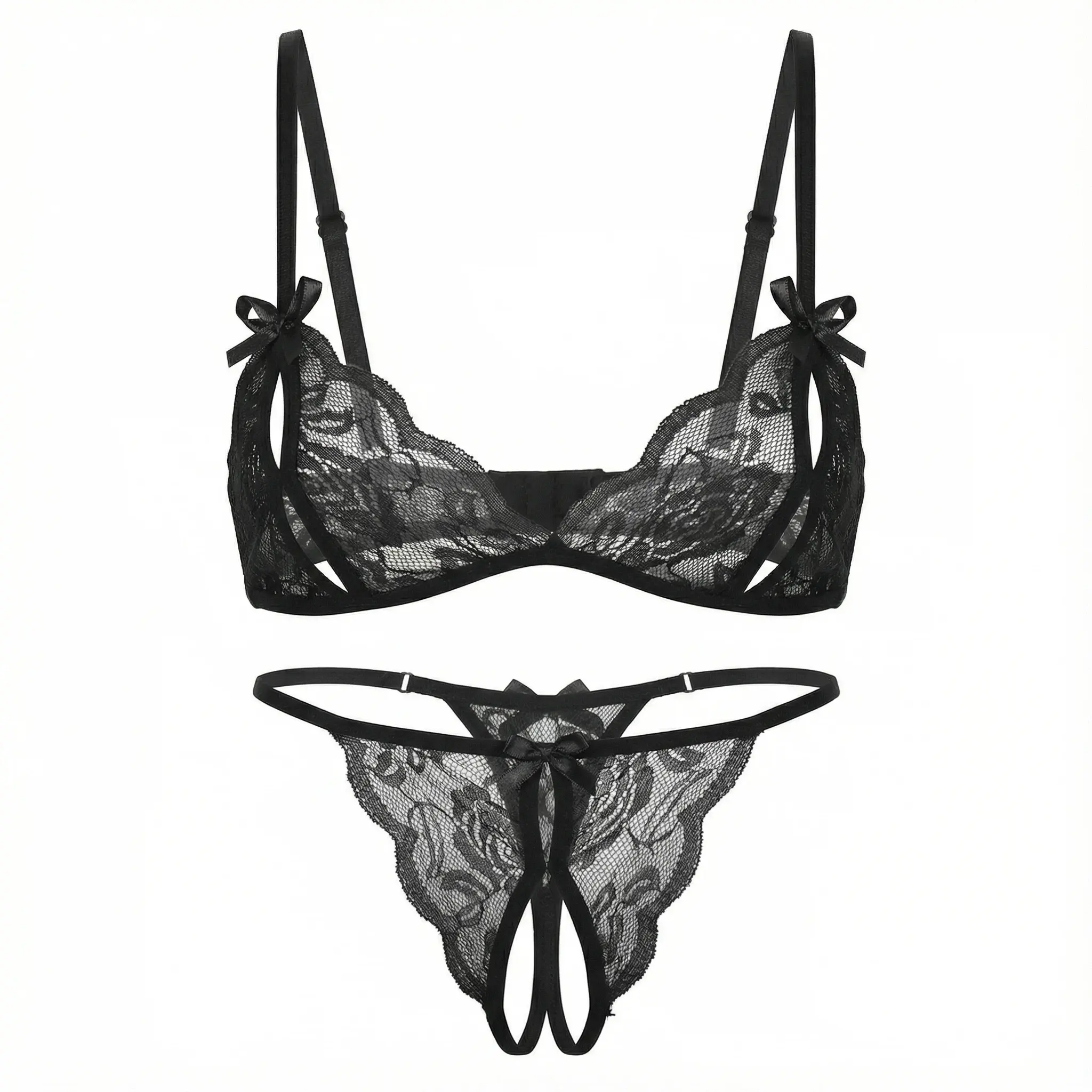 Plus Size Lingerie Set in Sheer Floral Stretch Lace, Comfortable and Soft Strappy Bra and Panty with an Adjustable Strap for Date Night, Clubs, Dates