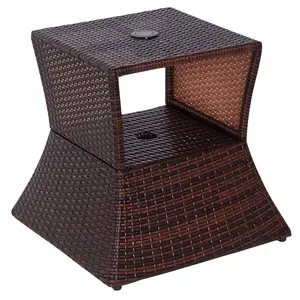 Outdoor Wicker End Table With Storage Shelf And 1.6 Inch Center Hole For 1.5 Pole Umbrella For Backyard Or Poolside
