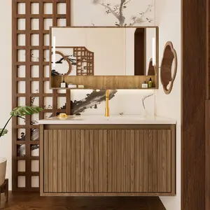 30" Bathroom Vanity Cabinet With Ceramic Sink - Walnut Wall Mounted Floating Fluted Vanity With Drawers, Modern