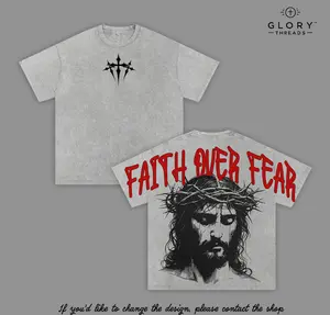Faith Over Fear Jesus Shirt Vintage Washed Oversized Tee | Christian Streetwear Heavy Cotton T-Shirt | Crown of Thorns Graphic Back | Faith Over Fear Religious Gift Jesus Apparel Christian Based Clothing