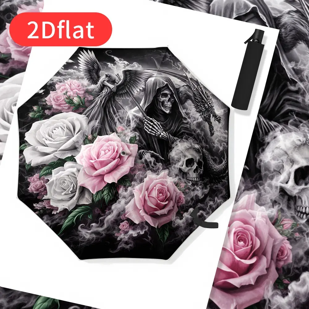 Automatic folding umbrella featuring Grim Reaper, rose, and skull patterns; auto open/close, compact design, foldable, portable gothic-style Halloween, birthday, and Christmas gift for men and women. Dark gothic fashion