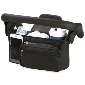 Universal trolley storage bag, equipped with a heat-insulating cup holder, detachable phone bag and shoulder strap, suitable for Stroller, Baby Jogger, Britax, BOB, umbrellas and pet trolleys, etc.