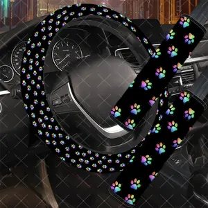 3Pcs/Set Rainbow Paw Print Car Interior Set, Bright Style, Includes Steering Wheel Cover, Car Seat Belt Cover, No Inner Ring, Vehicle Interior Upgrade, Durable Material, Multi-Part Set, For Women, Car Enthusiasts, Gift For Drivers.11.27QWA-1185@1186