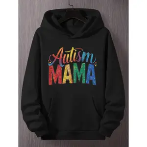 Plus Size Autism Awareness Hoodie for Men Black Geometric Print Casual Pullover with Rainbow Lettering Comfortable Nonstretch Fabric