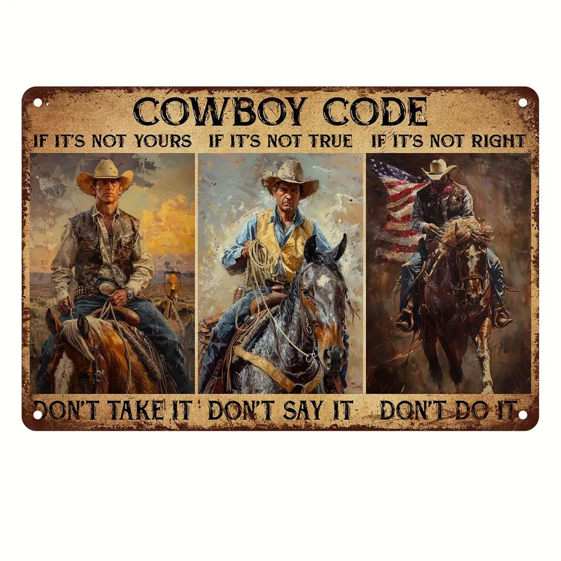 8x12 in Aluminum Vintage Western Style Speciality Farmhouse Decor Sign, Cowboy Code Rustic Wall Art Plaque, Lightweight Gift for Men Dad Man Cave Home Use, Decor Signs