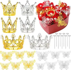 80 Pcs Flower Bouquet Accessories, Crowns for Flower Bouquets, 6 Pcs Mini Crown, 24 Pcs Butterfly Decorations and 50 Pcs Flower Pins for Birthday Wedding Baby Shower Flower Supplies