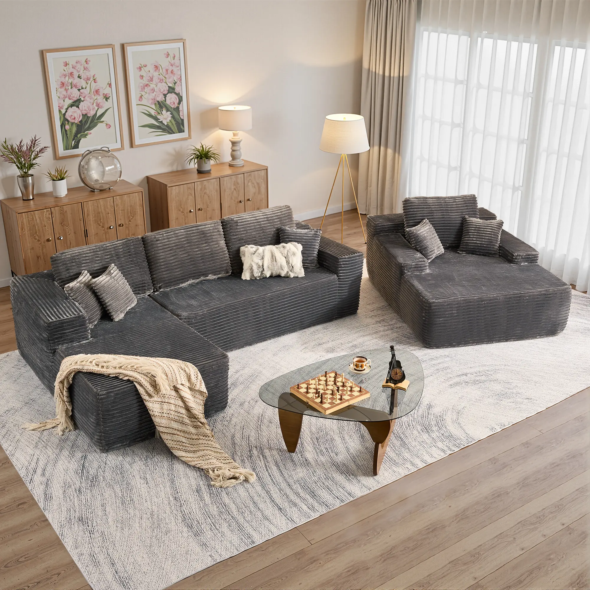 XIZZI Oversized Boneless Conversation Sofa Set, 104" L-Shaped & 48" W Chaise Lounge Couch with High-Density Foam Plush Fabric Spacious Chaise, Modern Comfy Deep Seat Sofa Bed for living Room, No Assembly Required