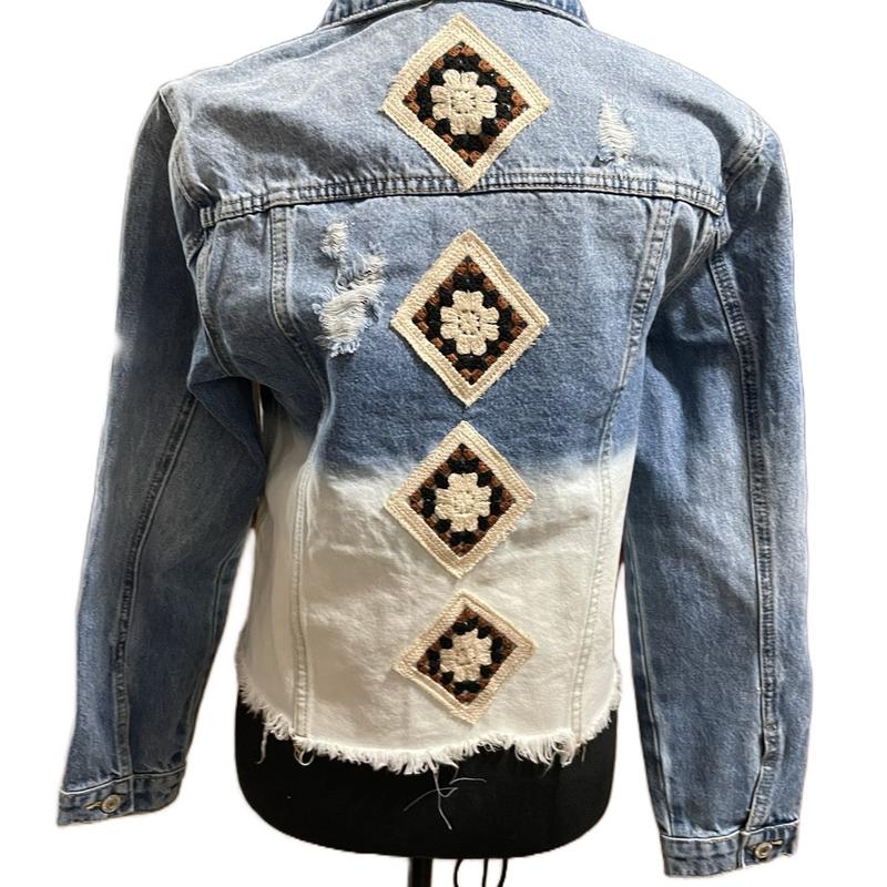 Women's Ombré Raw Hem Denim Jacket with Black, Brown and Ivory Crocheted Squares - Womenswear, Coats