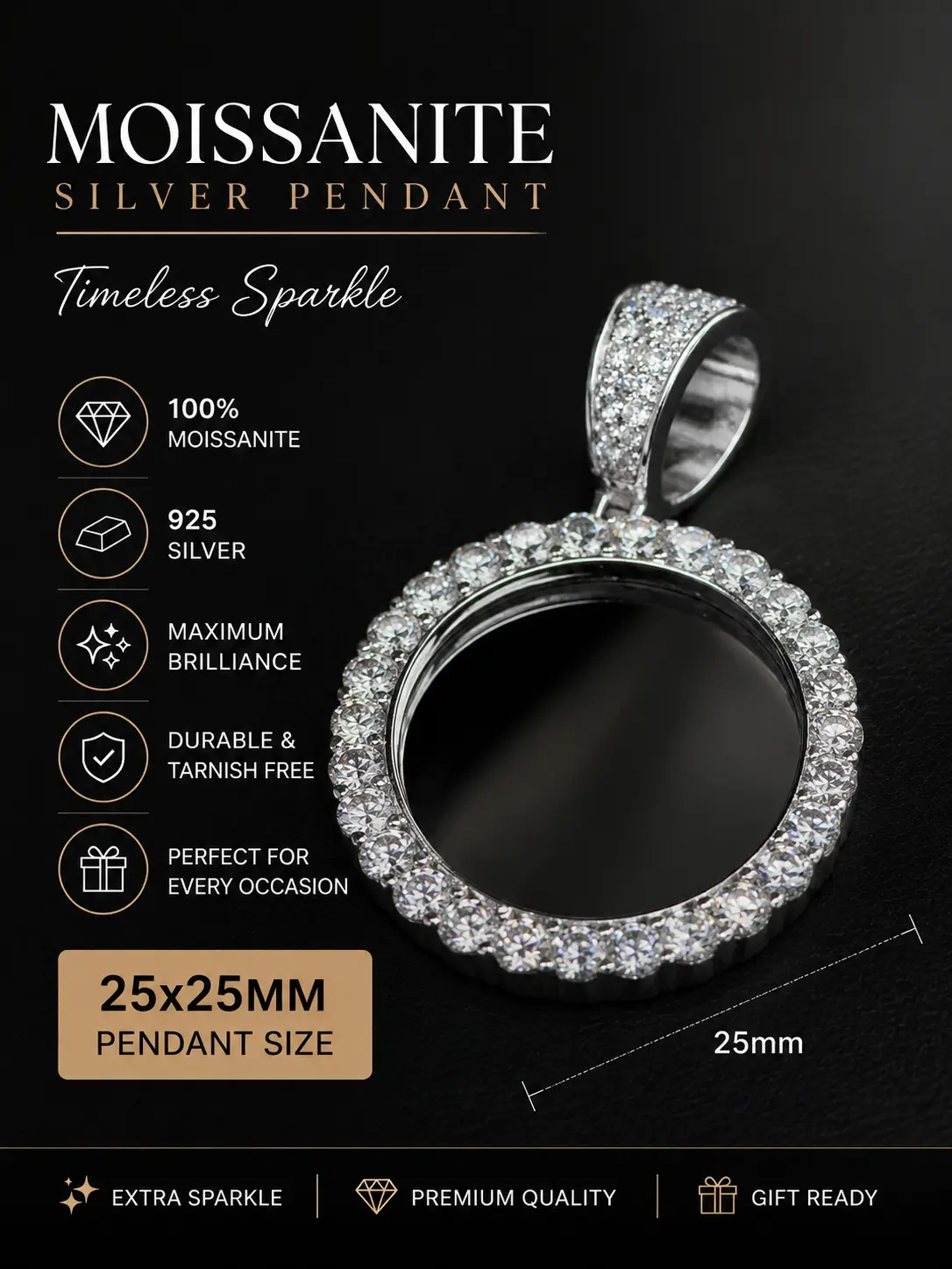 Iced Out Moissanite Circle Pendant in 925 Sterling Silver, 25mm High Polish Finish for a Luxury Look, Unisex Jewelry for Everyday Use, Round Shape, Unisex Wear
