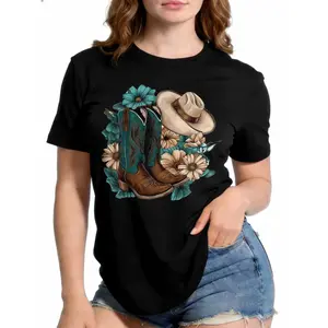 Rustic Western Graphic T-Shirt for Women - 100% Cotton Cowboy Boots