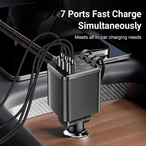 Nuokaiqi 7-in-1 Retractable Car Charger: 65W PD & QC3.0 Fast Charge Adapter | 70cm Self-Retracting Cables & Dual Ports | 180° Adjustable Angle & Voltage Monitor | Premium Road Trip Essentials for iPhone, Samsung, Android & Tablets
