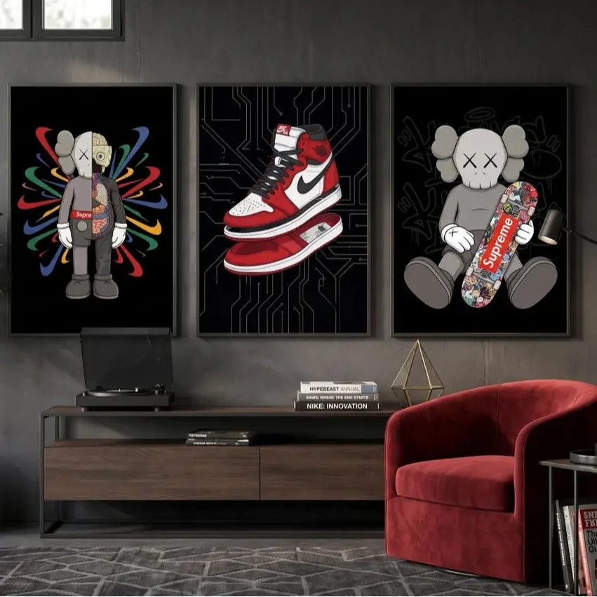 Hypebeast Sneaker Wall Art Set of 3, Kaws Figure Poster, Streetwear Room Decor, Hypebeast Decor, Urban Wall Art Print