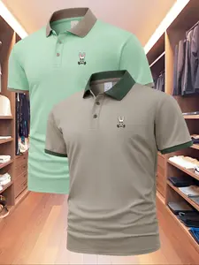 Men's Regular Fit Rabbit Print Polo Shirt, Casual Short Sleeve Collared Top for Summer, Fashion Men's Clothes for Daily Wear, Tropical