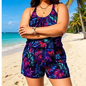 2026 Plus Size Tropical Floral Romper Swimsuit, Slimming Cross Back Bathing Suit with Pockets