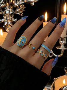 4 Pcs Blue Drip Star Moon Open Ring Set, Unique Sweet Cool Style, Adjustable Enamel Craft, Student Daily Stackable Rings, Stackable Finger Rings