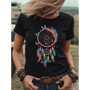 100% Cotton Women's T-Shirt with Vibrant Butterfly and Dreamcatcher Print: Breathable and comfortable summer fashion T-shirt, round neck, short sleeves, soft and lightweight fabric, perfect for casual wear.