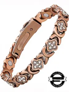 Women's Four-Leaf Clover Copper Bracelet Trendy Bangle, featuring Neodymium Magnets and Sparkling Cubic Zirconia Adjustable (Adjustment Tool Included)