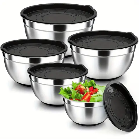 Stainless Steel Mixing Bowl Set, Kitchenware, 5 Counts/set Dishwasher Safe Nesting Bowl with Airtight Lid, Salad Serving Bowls, Vegetable, Large Capacity Baking Bowl, Summer for Gift, Mixing Bowls With Lids Set
