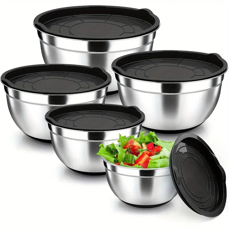 Stainless Steel Mixing Bowl Set, Kitchenware, 5 Counts/set Dishwasher Safe Nesting Bowl with Airtight Lid, Salad Serving Bowls, Vegetable, Large Capacity Baking Bowl, Summer for Gift, Mixing Bowls With Lids Set