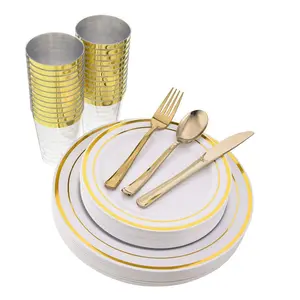 150Pcs Golden Plastic Plates Party Supplies Disposable Tableware With Plastic Cutlery Charger Plates Plastic Gold