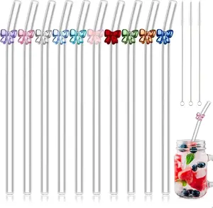 10-Pack Coquette Glass Straws with Bows – Cute Reusable Bent Straws for Iced Coffee, Smoothies & Cocktails | Perfect for Gifts, Dinner Parties, Bachelorettes & Baby Showers Meanplan