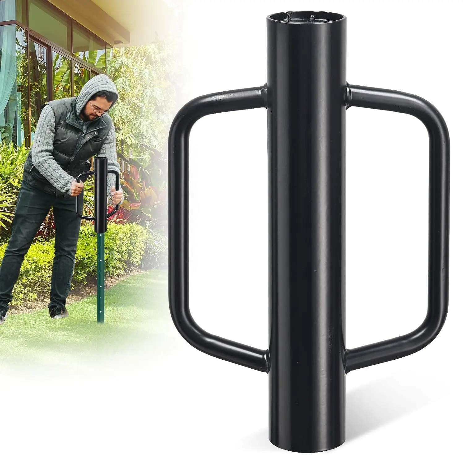 12 lb Steel Fence Post Driver, 17 in T-Post Pounder, 2.7" Inner Diameter Dual handles, closed-top steel tube, fits T-posts, U-posts and garden stakes, for deer fences, chicken coops and farms