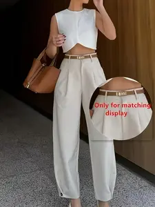 Women's Solid Color Pleated Long Pants, No Belt Included, Comfortable and Stylish, Perfect for Daily Wear, Elegant and Versatile Design
