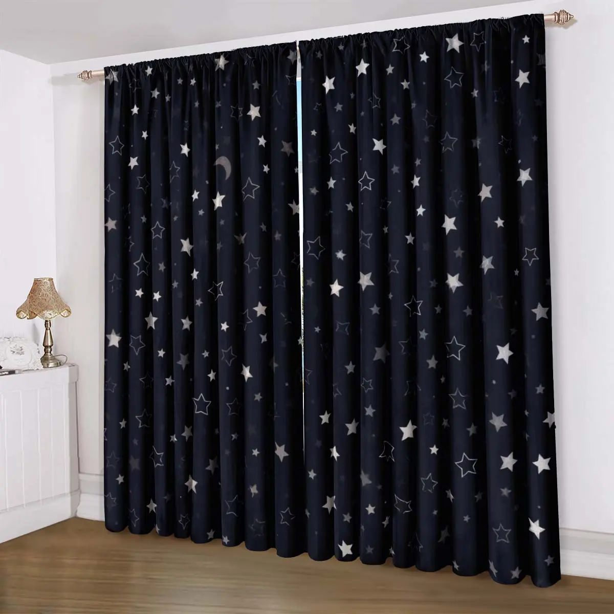 Blackout Curtains with Star Moon Foil Print Design, Minimalist Style Drapes for Bedroom Living Room, Heat Insulation & Better Sleep, Room Decor Curtain, Window Curtain, Thermal Insulated Curtain