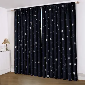 Blackout Curtains with Star Moon Foil Print Design, Minimalist Style Drapes for Bedroom Living Room, Heat Insulation & Better Sleep, Room Decor Curtain, Window Curtain