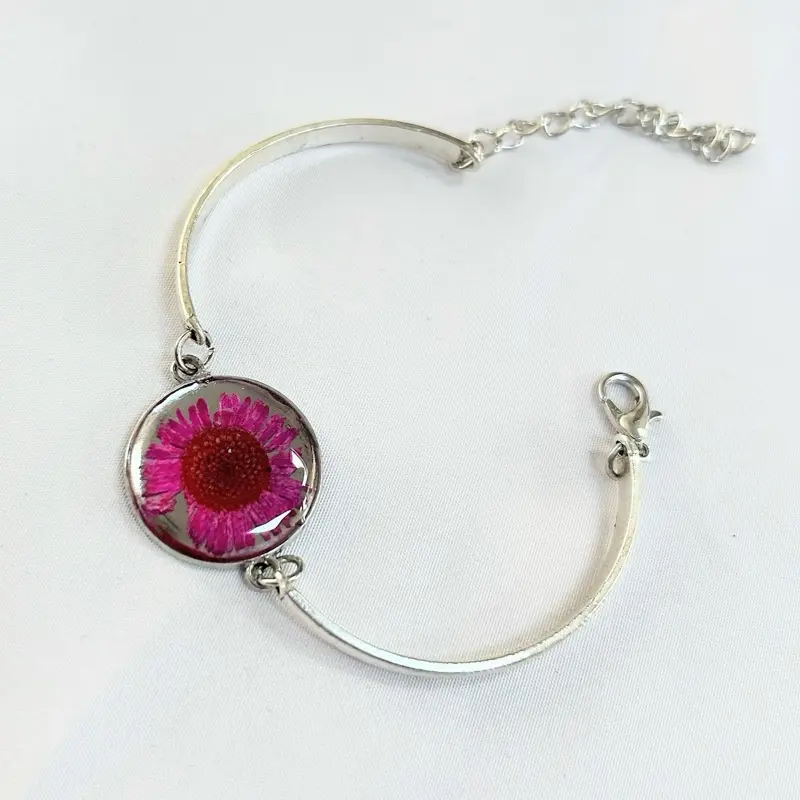 SCS-RSBR-001 Petals of Joy Bracelet - Handcrafted Floral Design in Glass Dome on Silver-Tone Band - Delicate & Colorful Everyday Jewelry