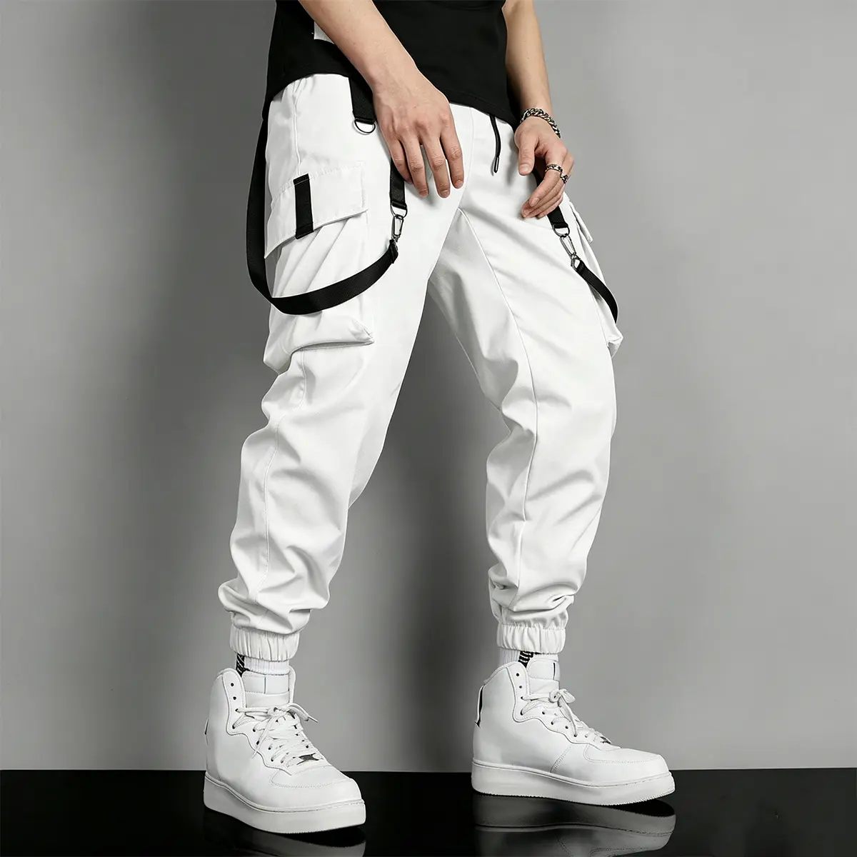 Men’s White Techwear Cargo Joggers - Monochromatic, Relaxed, Uncuffed, Alt-Fashion, Loose-Fitted Menswear Pants with Black Straps, Utility Pockets for Edgy Streetwear, Monochromatic Men's Pants, Relaxed Men's Pants