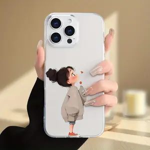 A creative clear cartoon cute little girl cover pattern soft protective phone case for iPhone 7/8/X/XS/XR/11/12/13/14/15/16 Plus Pro Max Mini perfect holiday gift/birthday gift for girlfriend, boyfriend, woman, man, husband, wife, friend or yourself