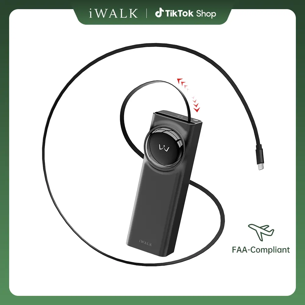 viverr iWALK LinkPod Reel 20000mAh 65W Portable Power Bank Charger, Rechargeable Battery Powered Tech Accessory with Retractable USB-C Cable, Dual Ports, Multiple Device Charging, LED Display, Compact Travel-Friendly White Wireless Phone Laptop Accessory,