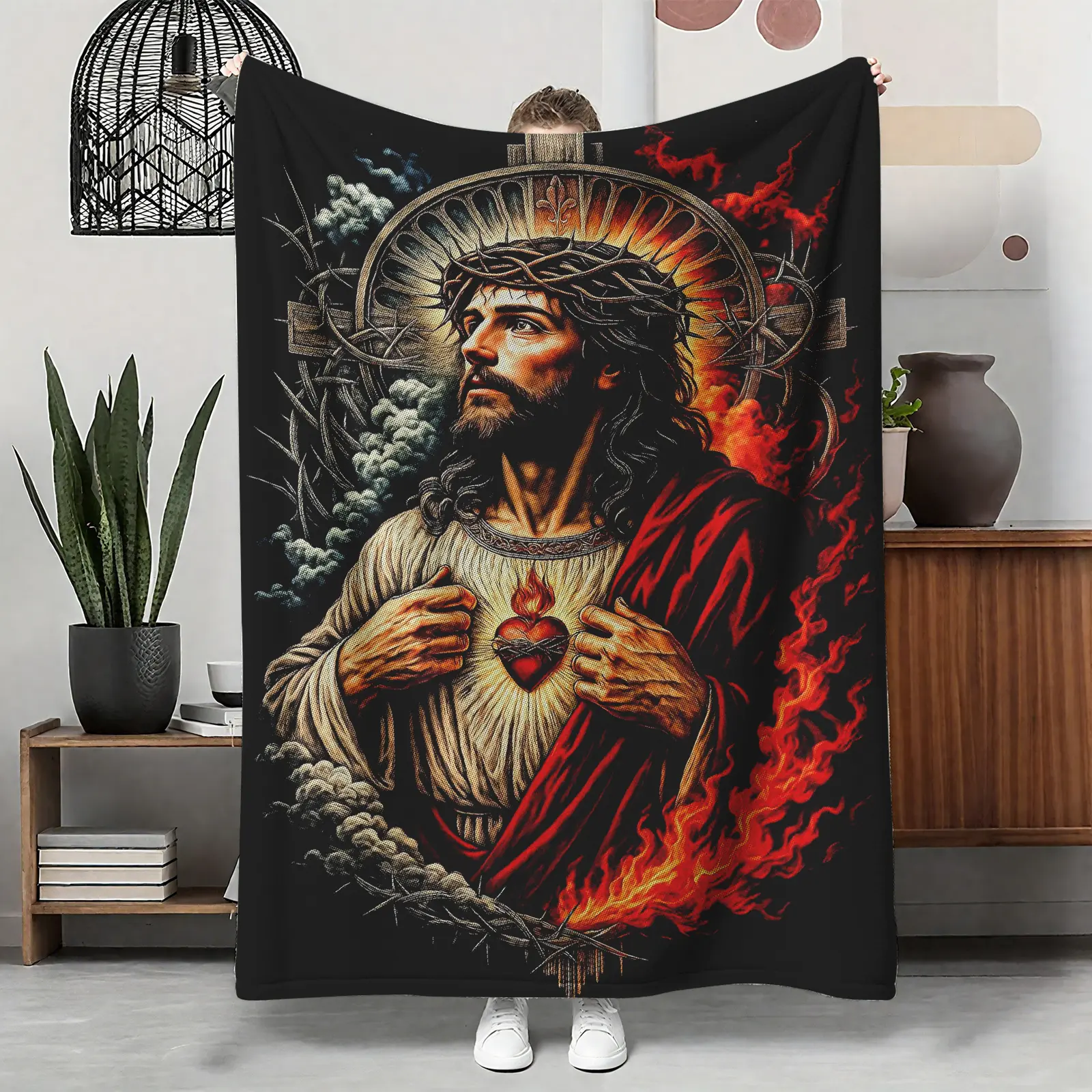 Sacred Heart Of Jesus Flannel Throw Blanket, Dark Religious Gothic Art Soft Cover, Cozy Warm Christian Gift for Him Men Believers, Faith Home Decor for Couch Sofa Bed, Summer AC Nap Blanket, Easter Christmas Baptism Gift, Holy Heart Throw