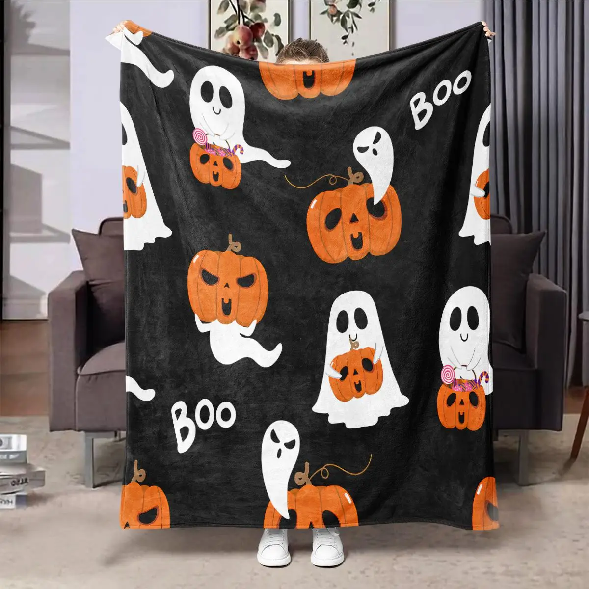 Halloween Themed Pumpkin Ghost Pattern Blanket, Soft Comfortable Throw Blanket, Cool Bedroom Bedding Blankets, Warm Nap Blanket for Home Office Travel