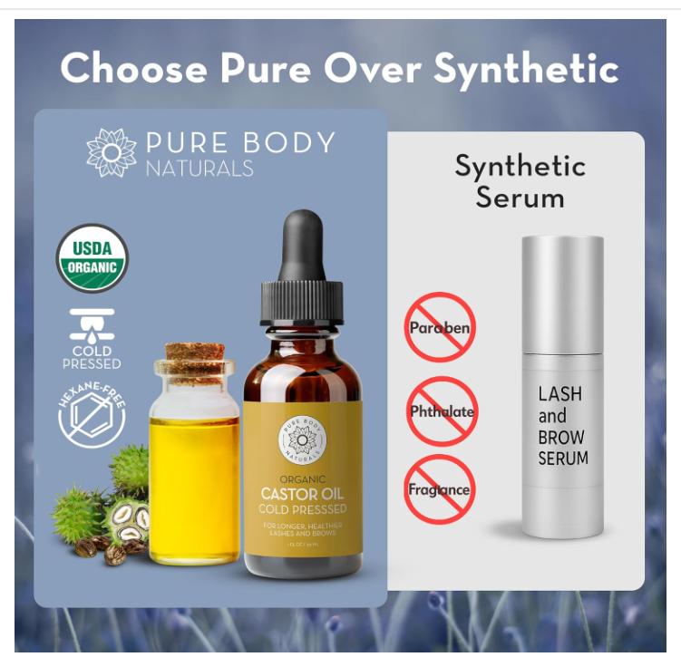 Pure Body Naturals Castor Oil for Eyelashes and Eyebrows - 1 Fl Oz Nourishing Brow & Lash Growth Serum - Organic, Hexane Free, Cold Pressed, Unrefined - Eyelash and Eyebrow Growth Serum for Women